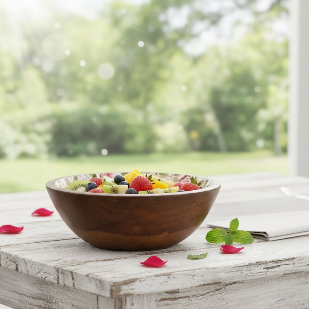 Enamel Floral Wooden Bowl for Sustainable Dining – M 3.0